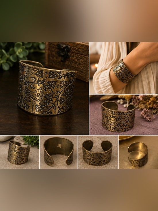 Jewelry - Vintage India Floral Engraved Wide Cuff Bracelet Gold Tone Boho Statement